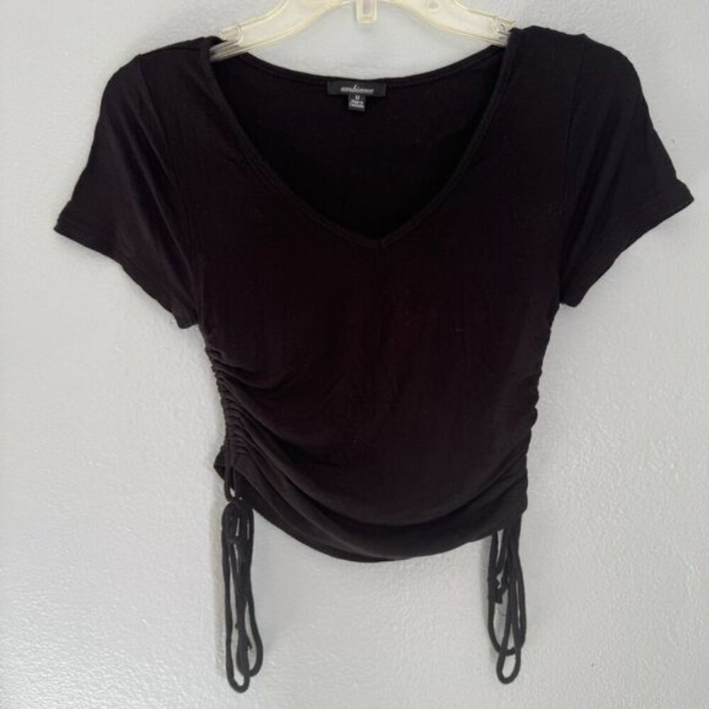 Ambiance Women's Medium Black Short Sleeve Ruched Tie Side Crop Top